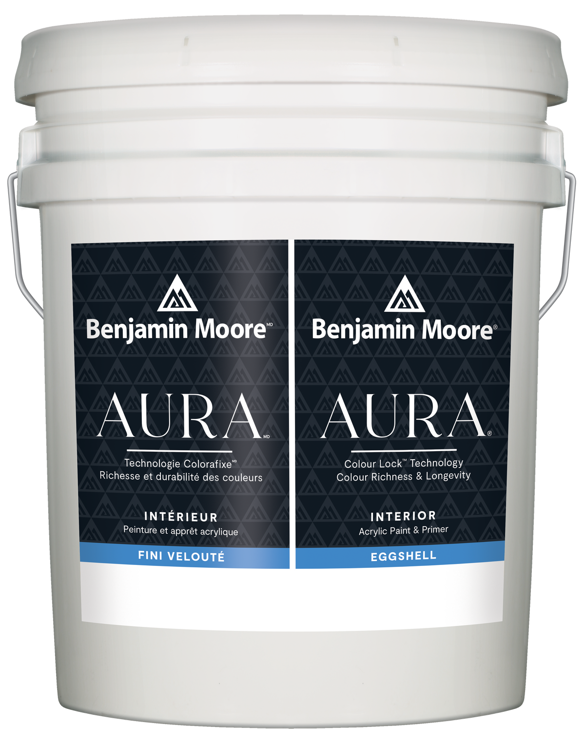 Benjamin Moore AURA® Eggshell finish paint bucket with branding visible