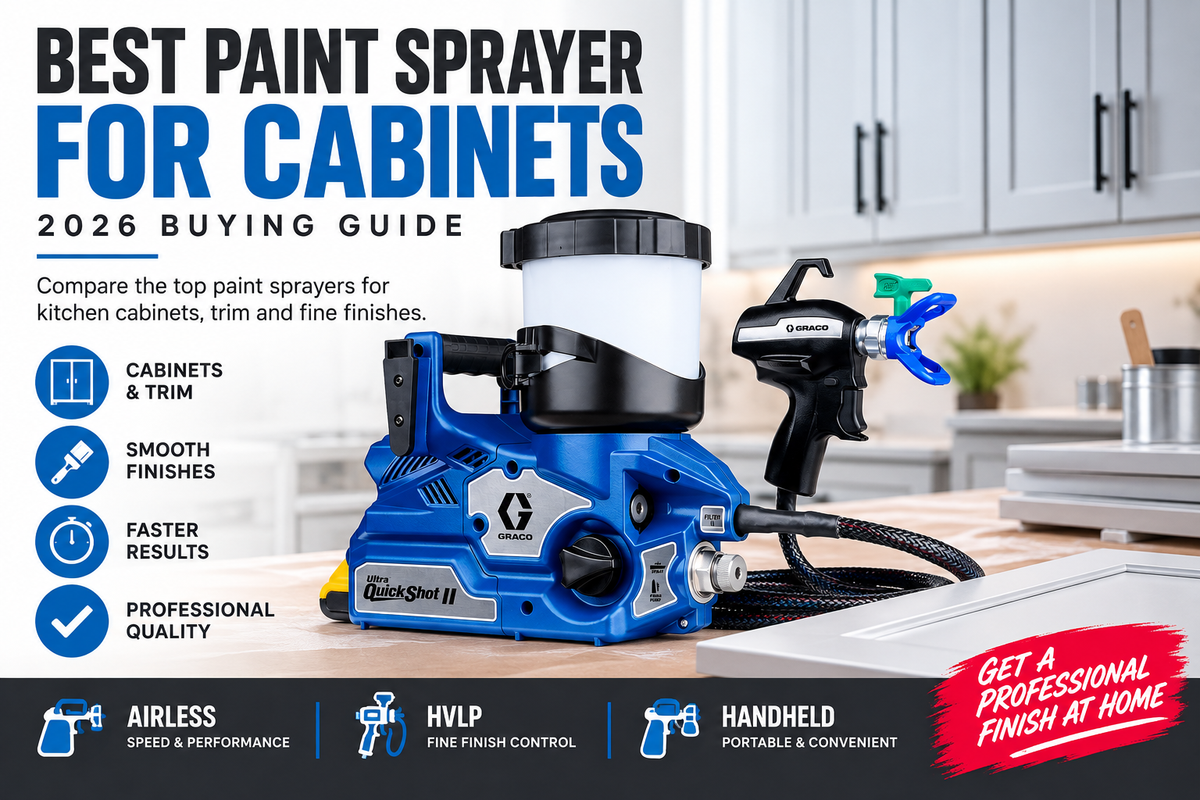 Best paint sprayer for cabinets 2026 guide featuring the Graco QuickShot II for cabinet painting and fine finishing