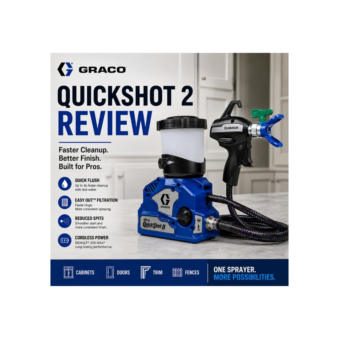 Graco Ultra QuickShot 2 cordless airless paint sprayer review featuring Quick Flush cleaning, Easy Out filtration, and fine finish spraying for cabinets, trim, and doors.