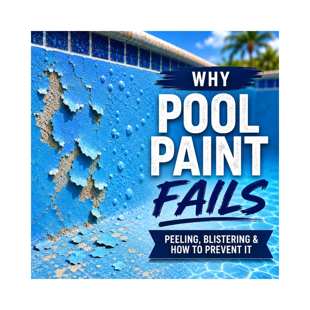 Peeling and blistering blue pool paint showing common pool coating failure caused by poor surface preparation and moisture issues.