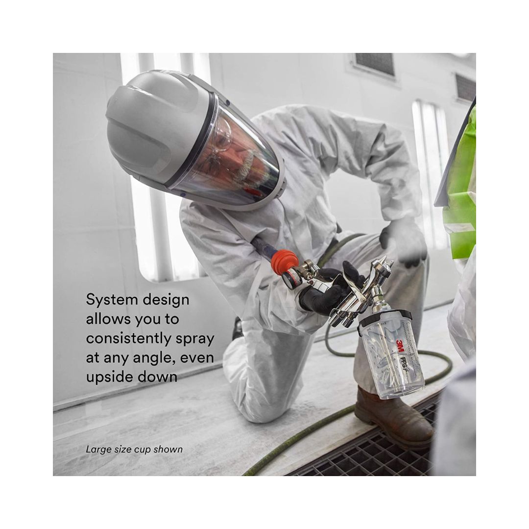 Painter using the 3M PPS Series 2.0 Midi Spray Cup System to spray at any angle, including upside down
