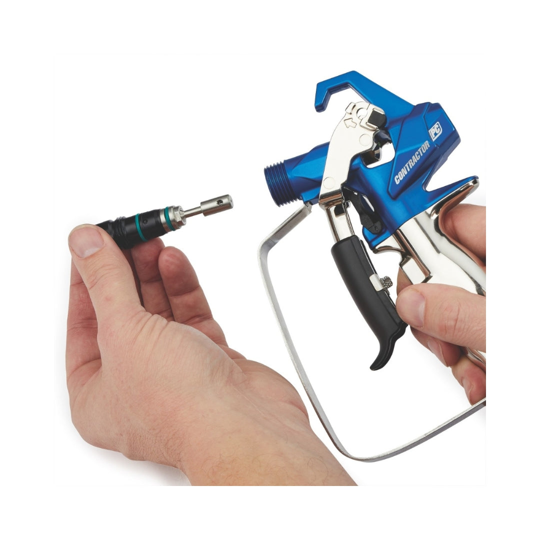 Installing the Graco 17Y297 ProConnect Replacement Cartridge into a Contractor PC airless spray gun – quick on-the-job rebuild demonstration.