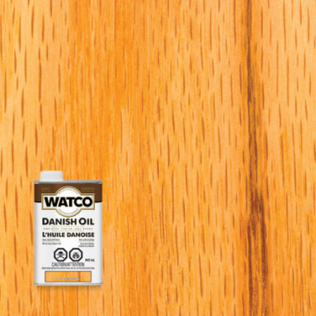 Watco Danish Oil Natural finish sample on wood grain with product can