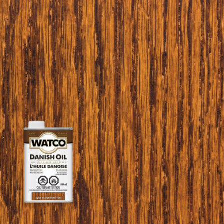 Watco Danish Oil Black Walnut finish sample on wood grain with product can