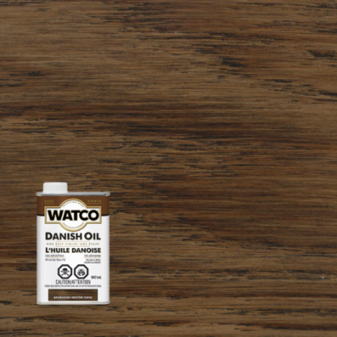 Watco Danish Oil Briarsmoke finish sample on wood grain with product can