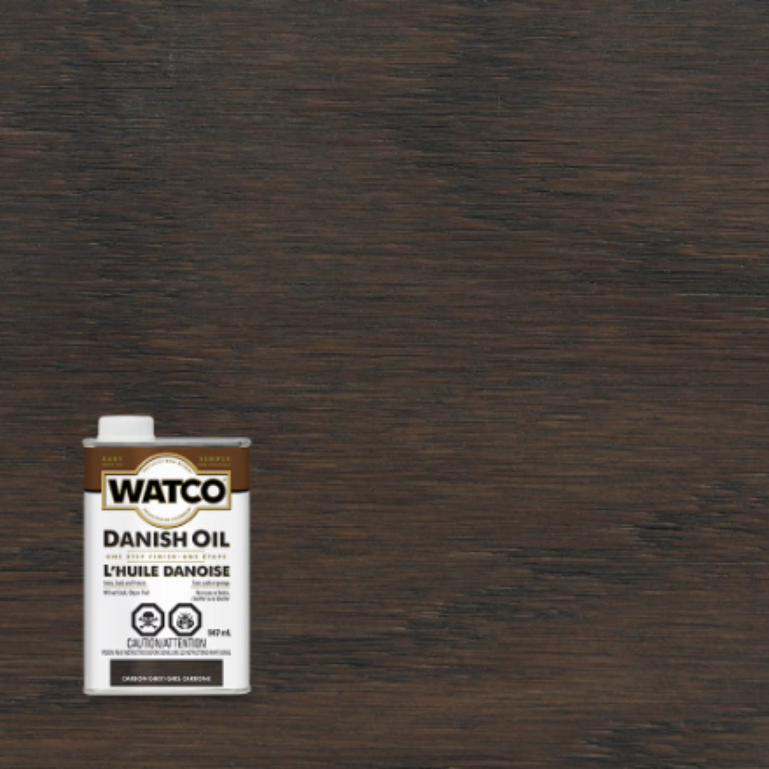 Watco Danish Oil Carbon Grey finish sample on wood grain with product can