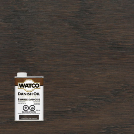 Watco Danish Oil Carbon Grey finish sample on wood grain with product can