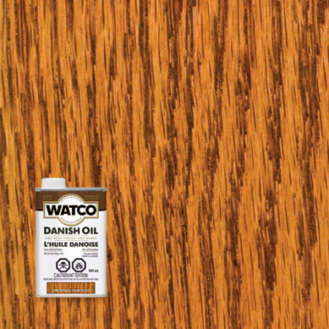 Watco Danish Oil Dark Walnut finish sample on wood grain with product can