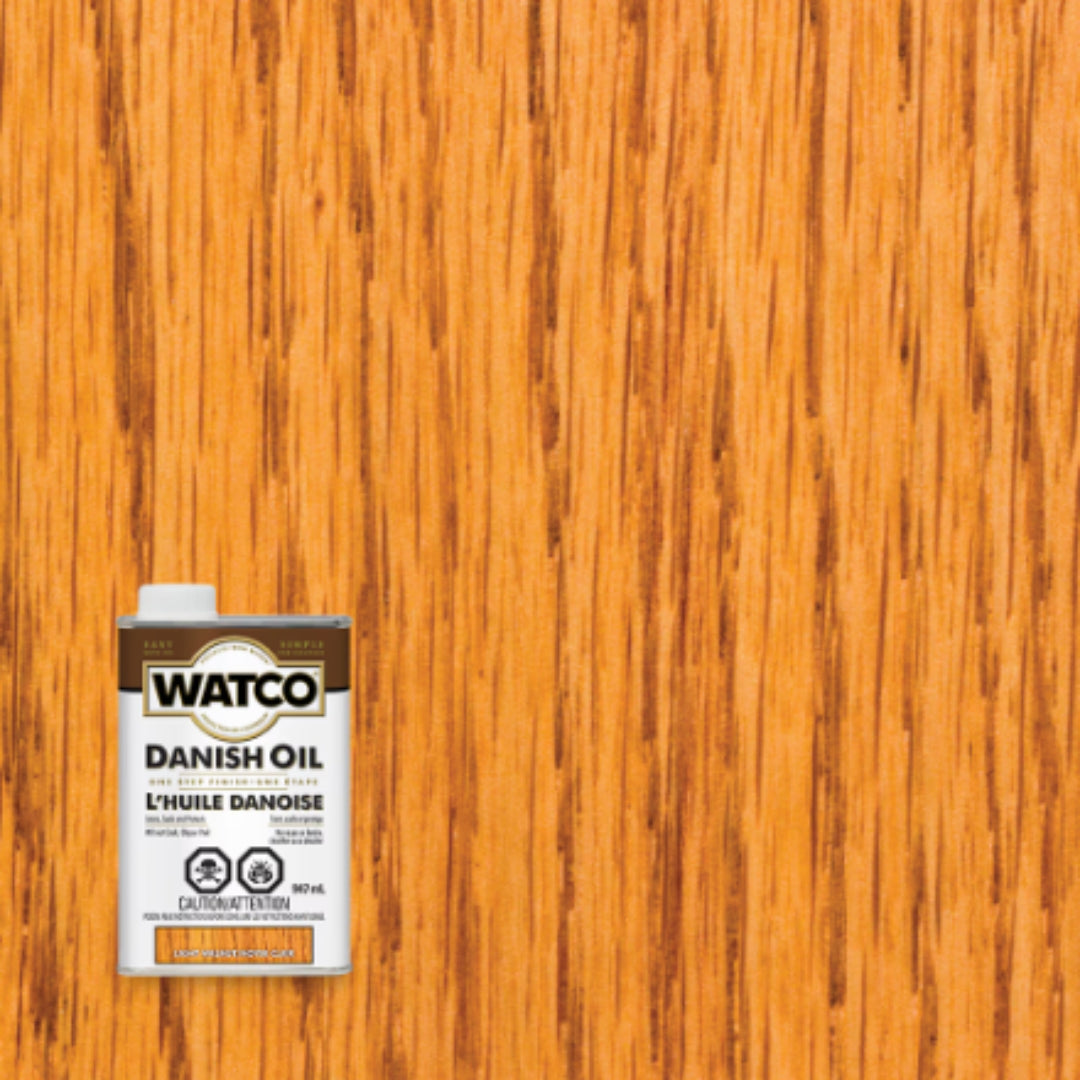 Watco Danish Oil Light Walnut finish sample on wood grain with product can