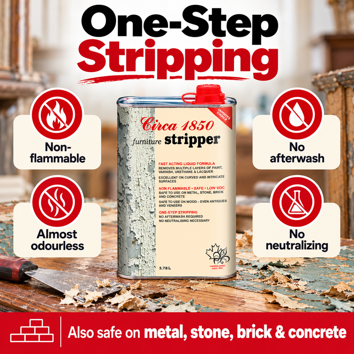 Circa 1850 Furniture Stripper is non-flammable, almost odourless, and needs no afterwash or neutralizing