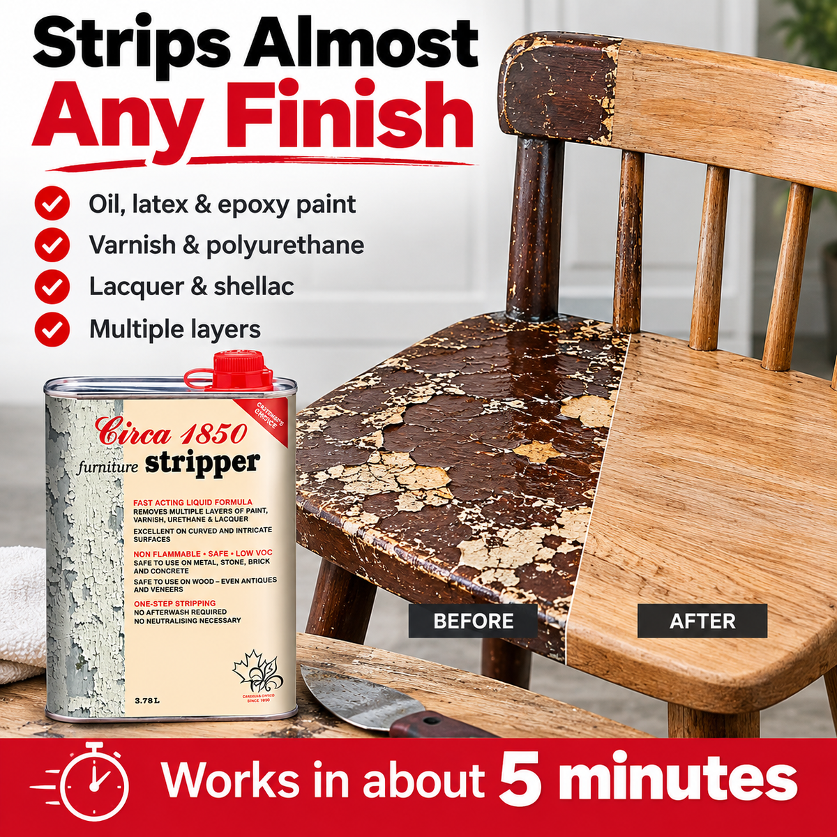 Circa 1850 Furniture Stripper removing paint from a wooden chair, before and after