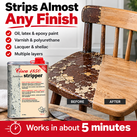 Circa 1850 Furniture Stripper removing paint from a wooden chair, before and after