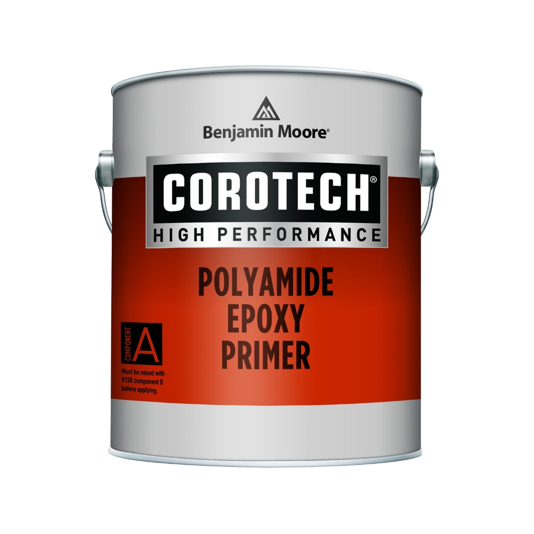 A can of Corotech Polyamide Epoxy Primer by Benjamin Moore, which is intended for high performance industrial applications on various substrates including metal and concrete.