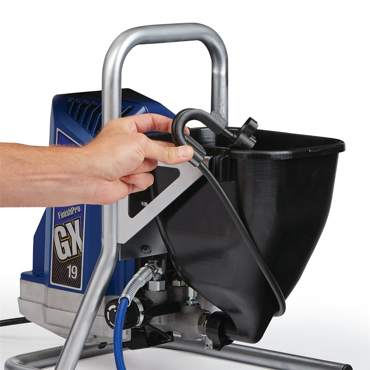 Graco FinishPro GX 19 integrated 1.5-gallon paint hopper designed for quick colour changes and easy cleanup