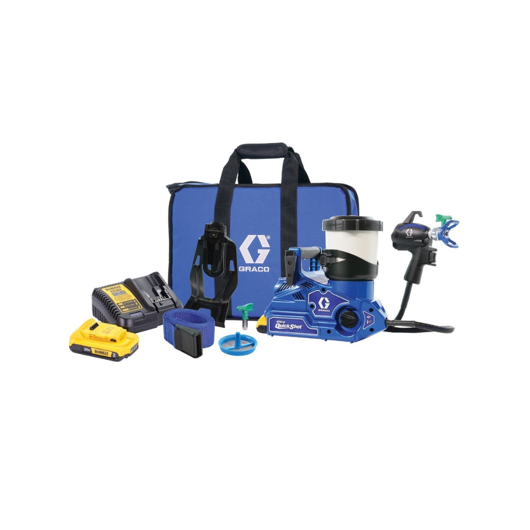 Graco QuickShot 20B473 cordless handheld airless sprayer kit with DEWALT battery, charger, tips, belt holster and carrying bag