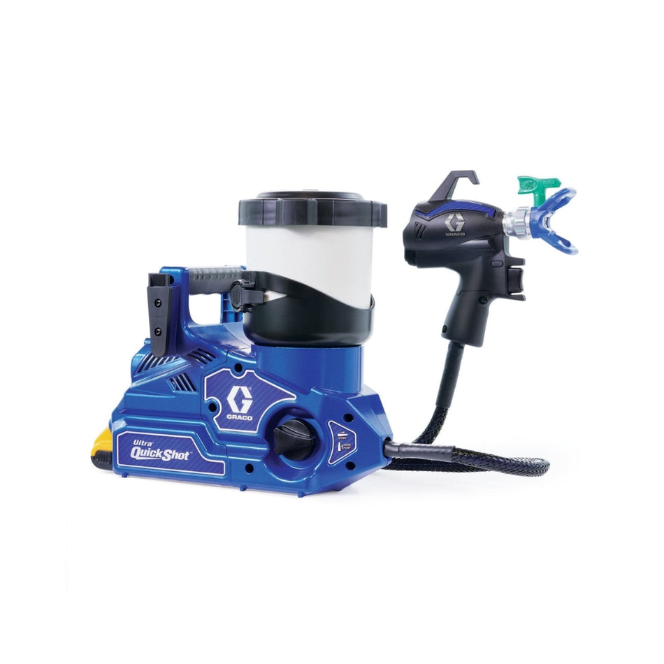 Side view of Graco QuickShot 20B473 handheld airless sprayer showing paint cup and SmartControl trigger assembly