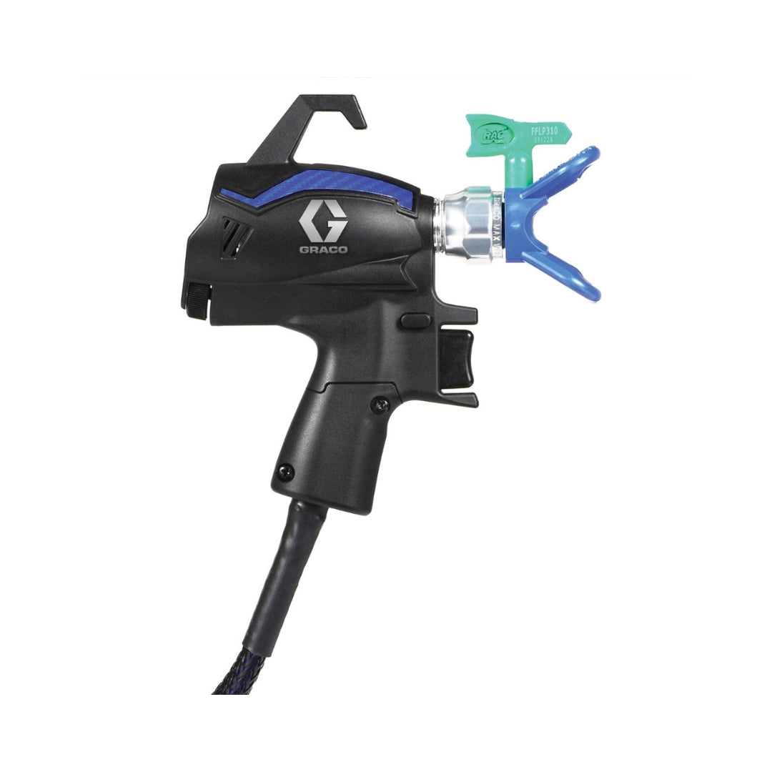 Close-up of Graco QuickShot spray gun with FFLP tip and ergonomic handle