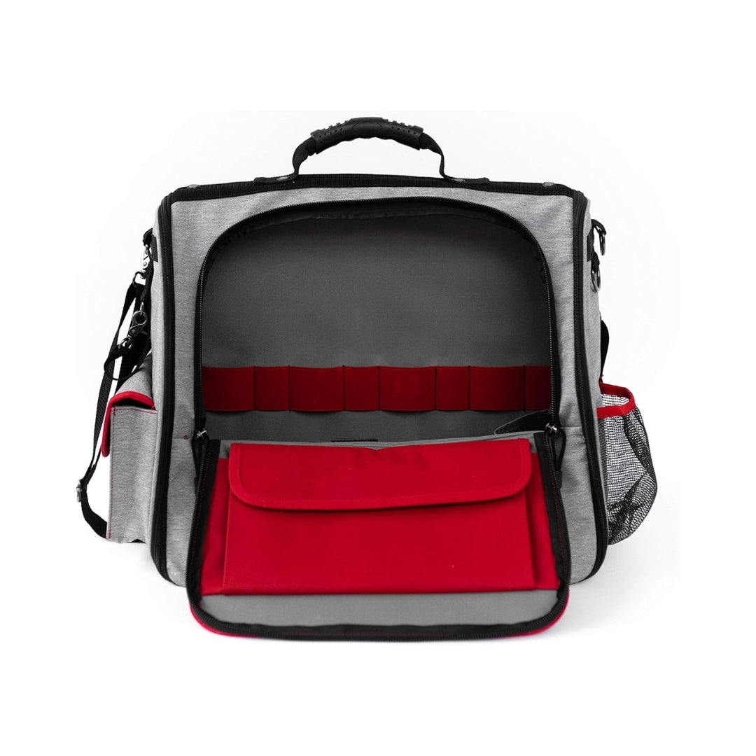 Handy Products Tool Bag open rear view showing tool pockets and mesh zipper compartment.