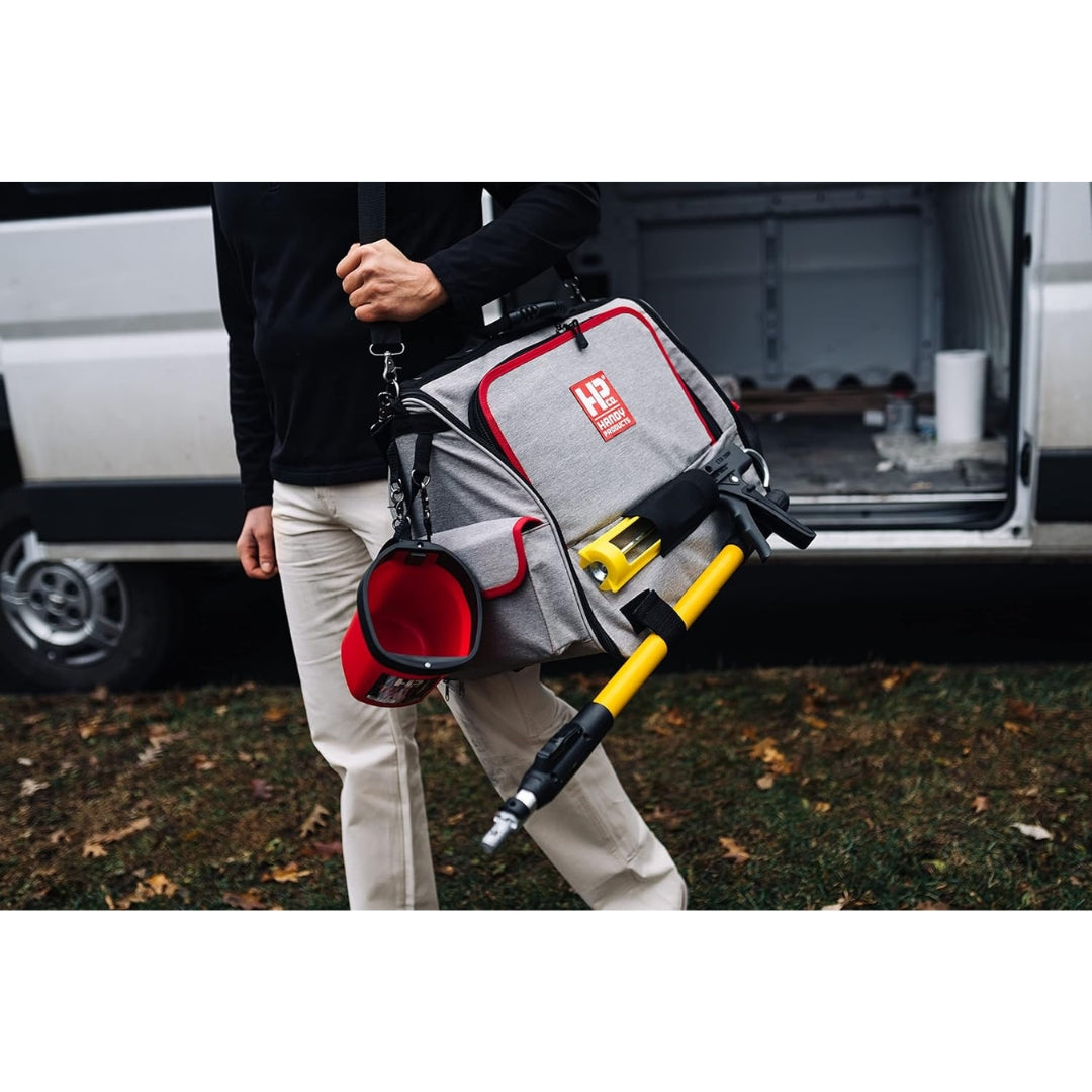 Front view of Handy Products 8200-DLX Deluxe Tool Bag with Handy Products logo and compact carry design.