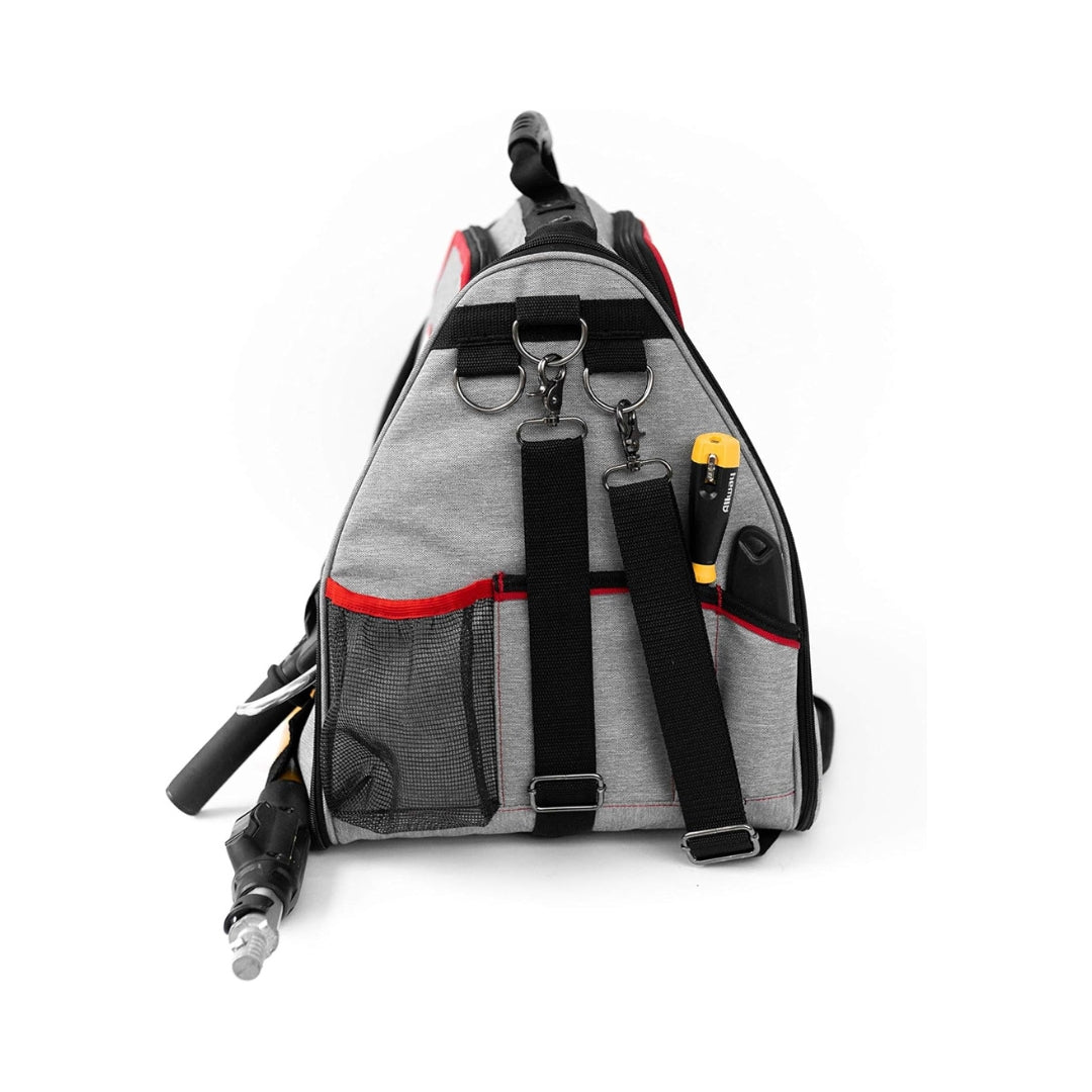 Handy Products 8200-DLX Painters Tool Bag – open view displaying organized paintbrushes, rollers, and interior compartments.