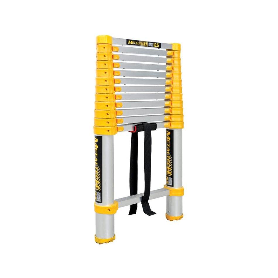 Metaltech 12.5 ft telescopic ladder folded for compact storage