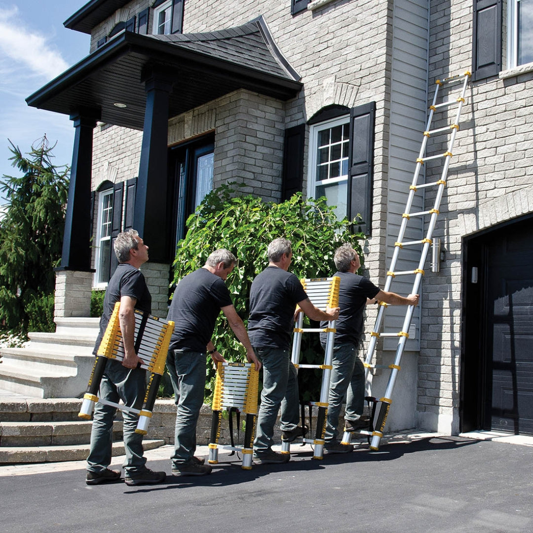 Step-by-step setup sequence of extending the Metaltech 12.5 ft telescopic ladder outside a home