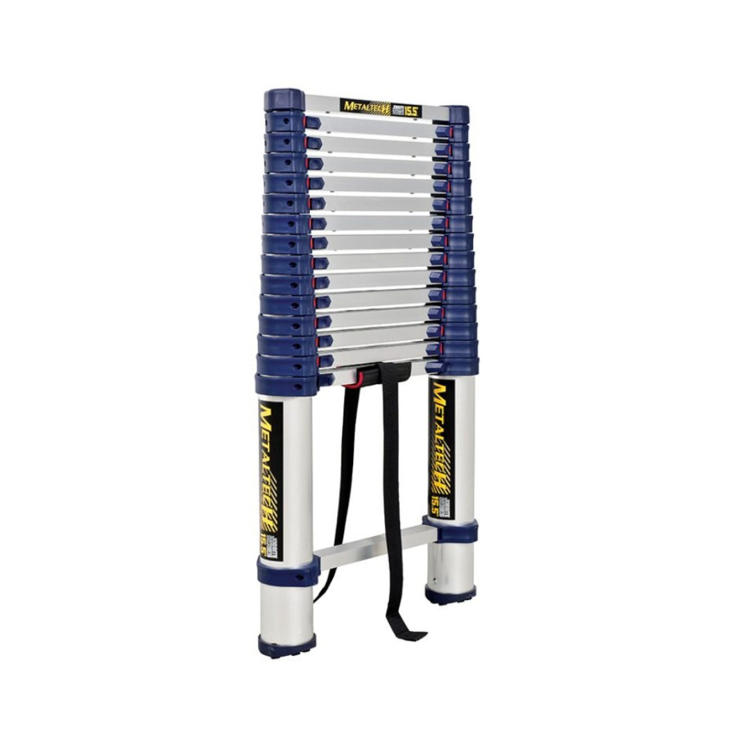 Metaltech 15.5 ft telescopic ladder folded for compact storage