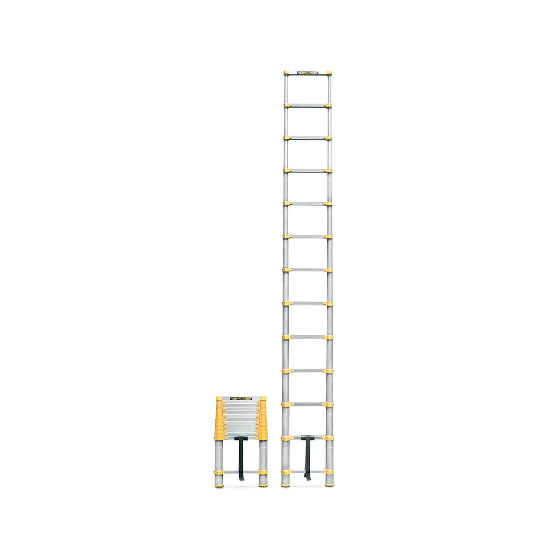 Metaltech telescopic ladder shown collapsed beside fully extended version