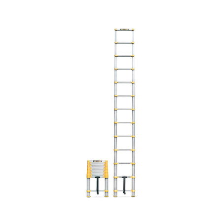 Metaltech telescopic ladder shown collapsed beside fully extended version