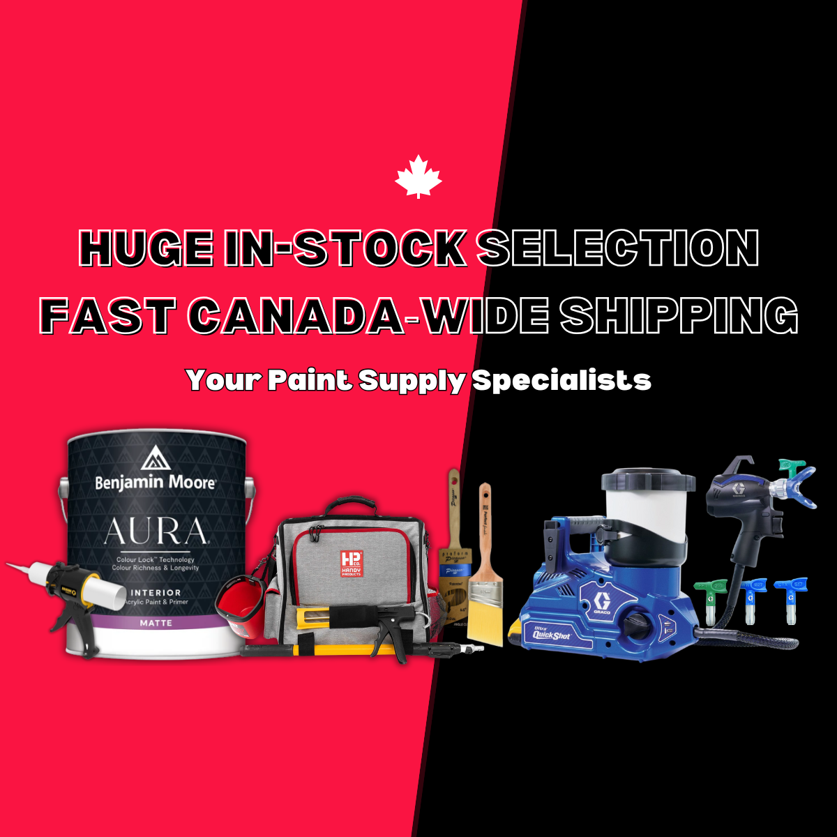 Hero banner for The Paint People showcasing Benjamin Moore Aura paint, professional paint tools, sprayers, rollers, and Canada-wide fast shipping-mobile