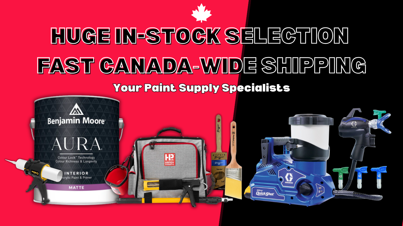 Hero banner for The Paint People showcasing Benjamin Moore Aura paint, professional paint tools, sprayers, rollers, and Canada-wide fast shipping.