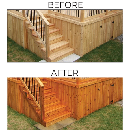 A gallon ofSeal King Wood and Stain Sealer before and after.