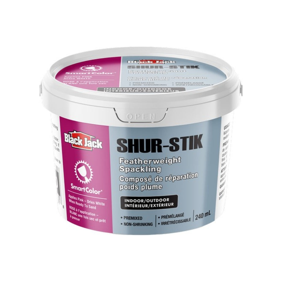 Shur-Stik colorized featherweight spackling compound 240ml with pink to white dry indicator
