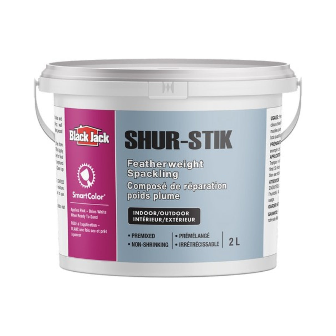 Shur-Stik colorized featherweight spackling compound 950ml with pink to white dry indicator
