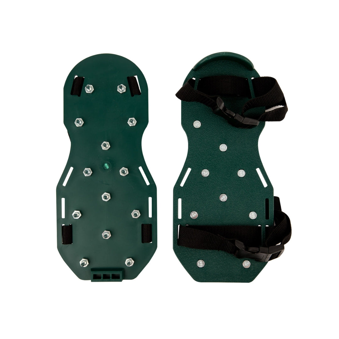 Spiked gunite shoes bottom view with 1.5 inch steel spikes and adjustable straps for epoxy flooring