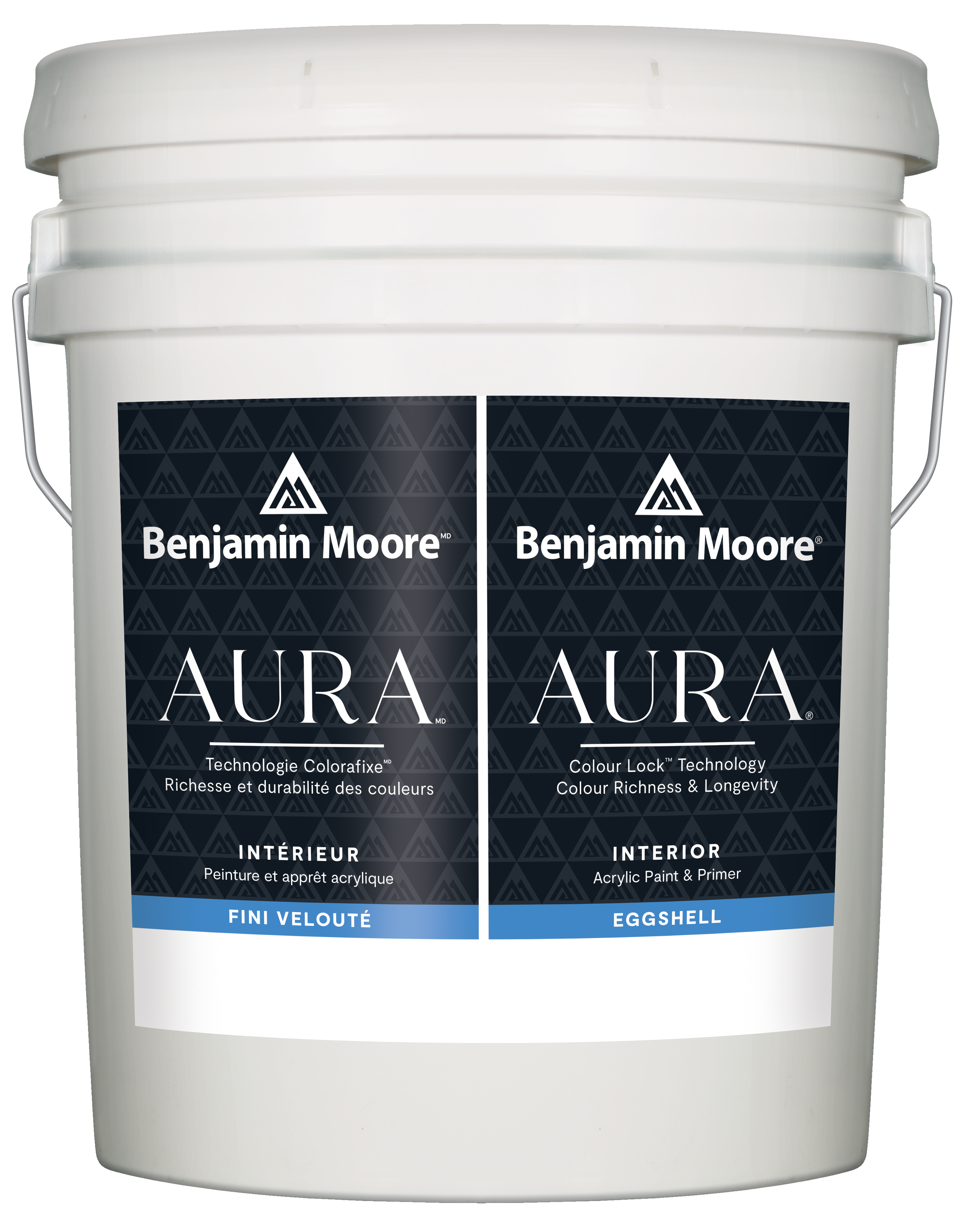 Benjamin Moore AURA® Eggshell finish paint bucket with branding visible