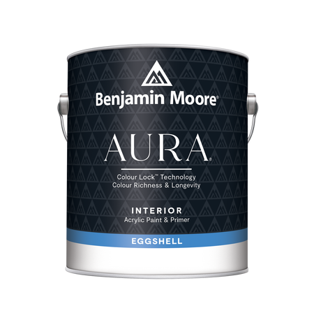 Detailed view of Benjamin Moore AURA® Eggshell finish paint bucket