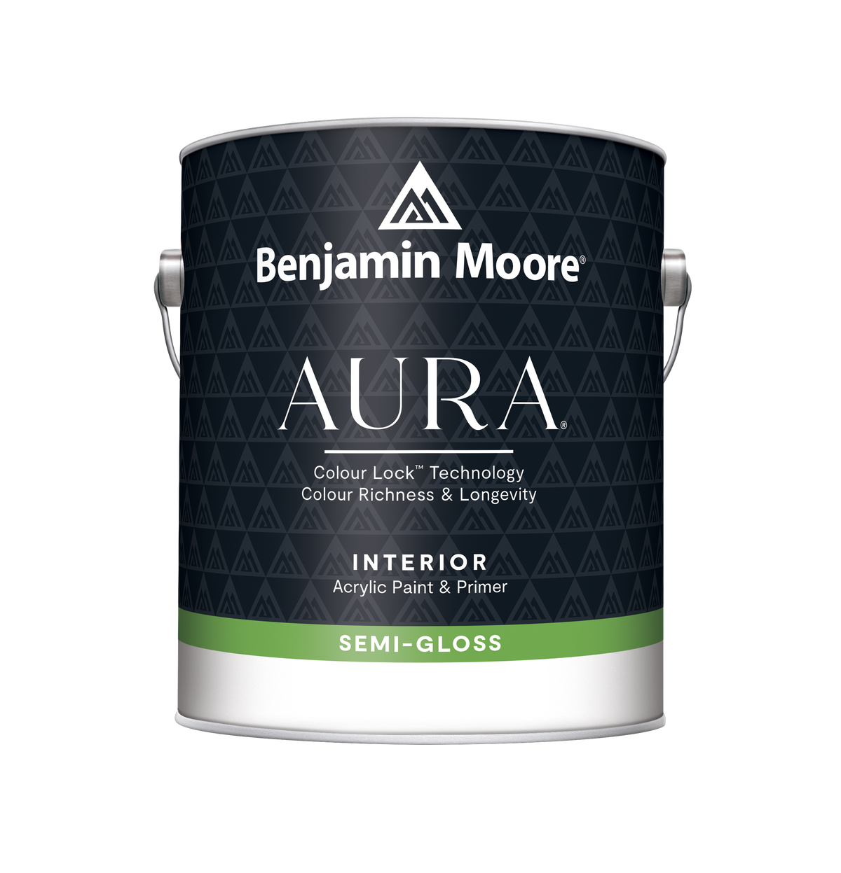 Benjamin Moore AURA® Semi-Gloss finish paint bucket angled view