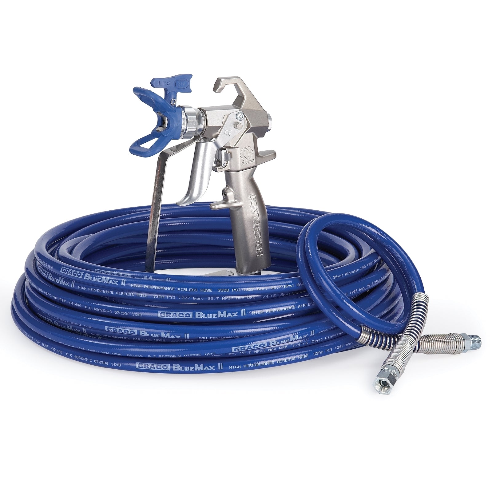 Graco Contractor Airless Spray Gun, RAC X, BlueMax II Airless Hose, 1/4 in x 50 ft, 3 ft Whip Hose - The Paint People