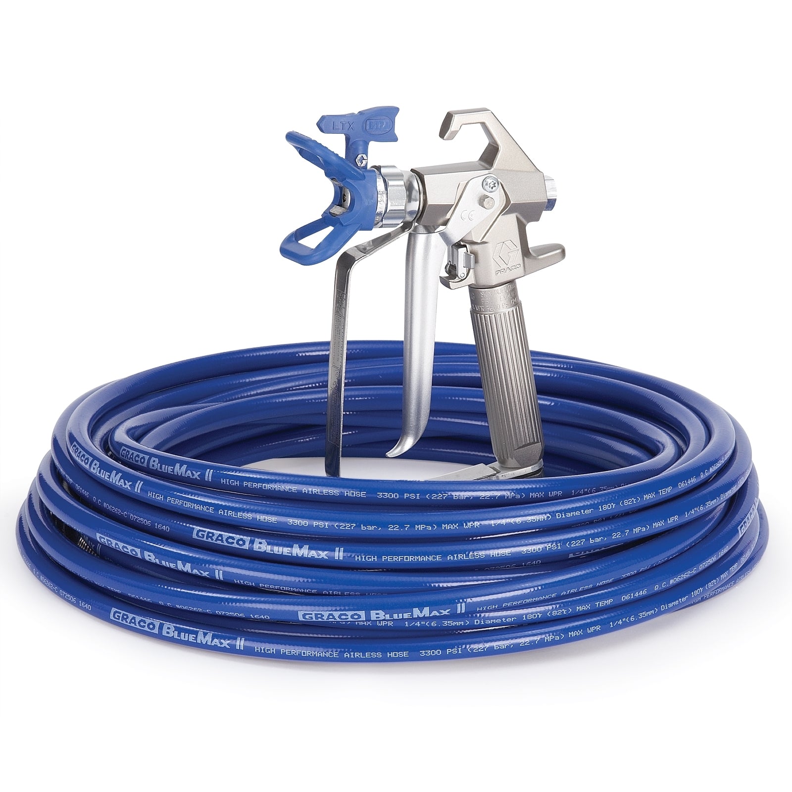 Graco FTx Airless Spray Gun, RAC X, BlueMax II Airless Hose, 1/4 in x 50 ft - The Paint People